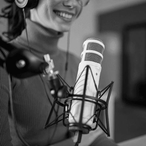 Woman broadcasting podcast smiling